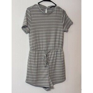 Women's Gray & White Striped Shorts Romper One Piece Drawstring-Waist Size Small